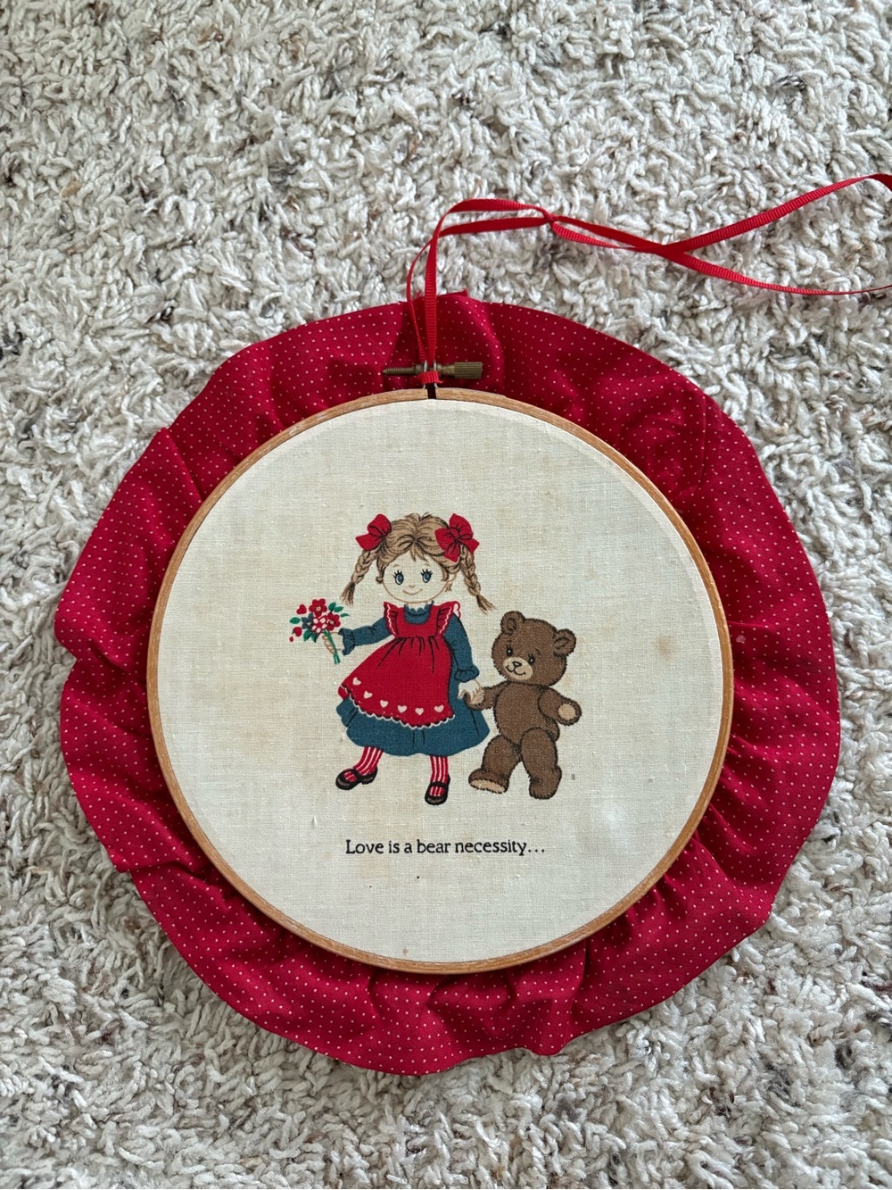 Vintage Girl & Teddy Bear Fabric Hoop Wall Hanging - Love Is A Bear Necessity